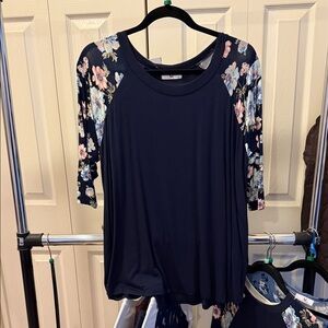 Amelia James Navy Tee with Floral Sleeves